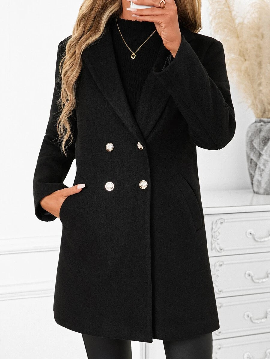 Aveline Double-Breasted Lapel Coat with Tailored Thigh-Length Cut - Apricot