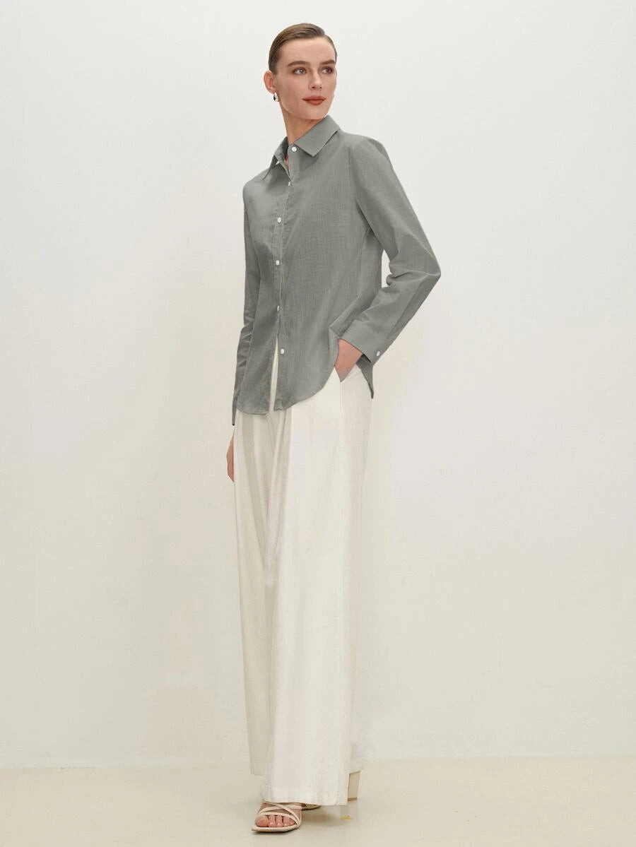 Arabella Classic Collared Button Down Long Sleeve Cotton Shirt - Grey