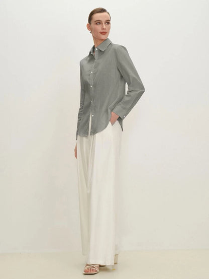 Arabella Classic Collared Button Down Long Sleeve Cotton Shirt - Grey