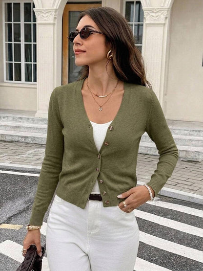 Georgiana Slim Ribbed V-Neck Button Front Knit Cardigan - Army Green