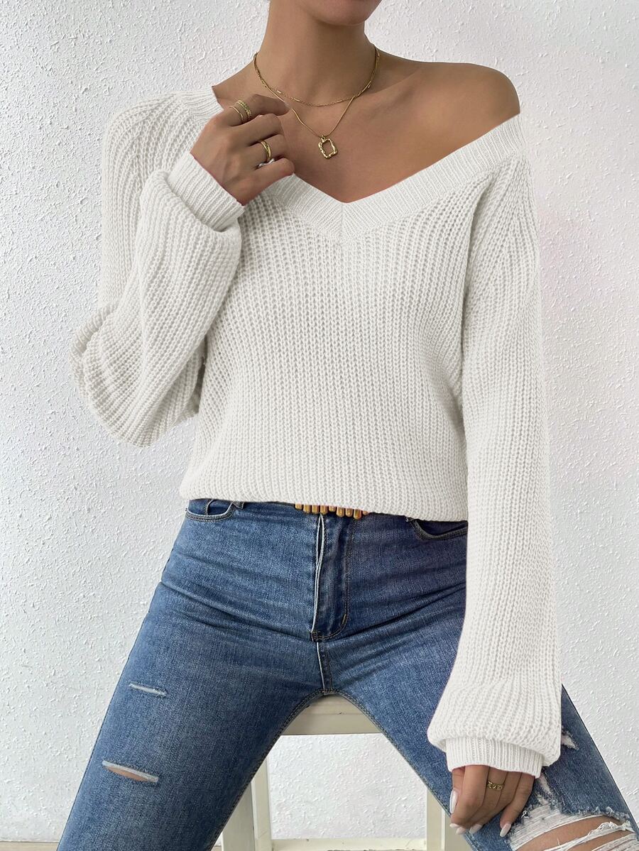 Aarhus V Neck Raglan Sleeve Ribbed Knit Sweater