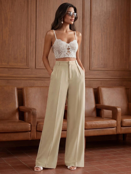 Tatiana Pleated High Waist Wide Leg Trousers with Pockets - Beige
