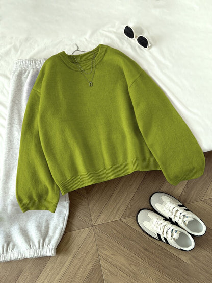 Women's Oversized Crew Neck Pullover Sweater, Relaxed Knit Sweater for Fall Winter - Green