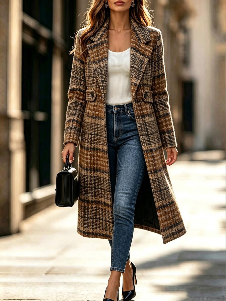 Josephine Belted Notched Collar Double-Breasted Long Coat - Brown Plaid