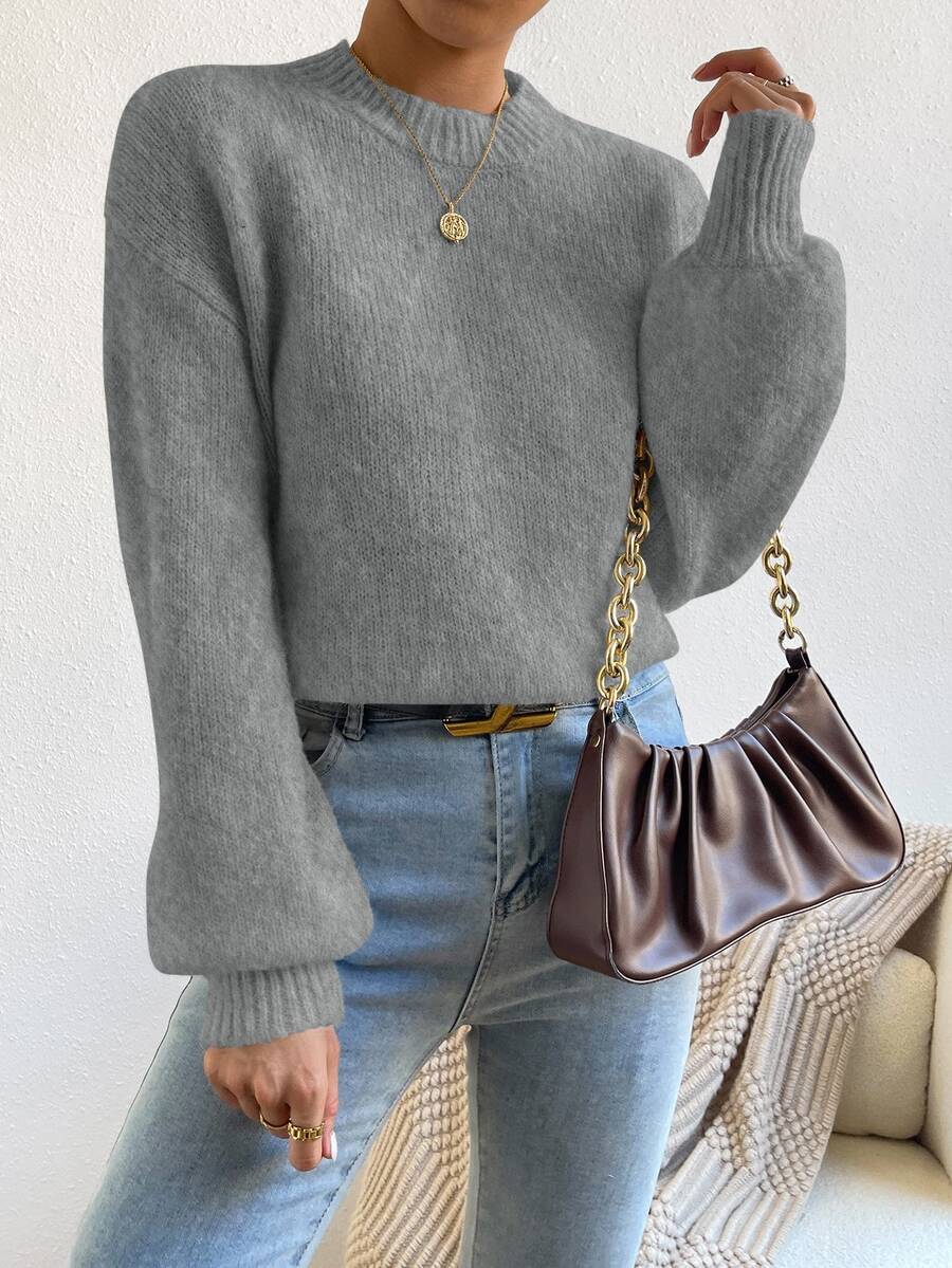 Viola Relaxed Mock Neck Sweater with Drop Shoulders - Charcoal Grey