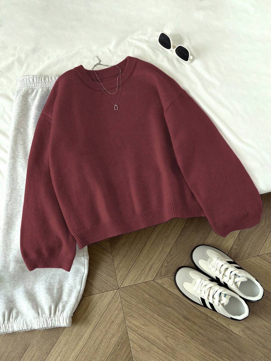 Women's Oversized Crew Neck Pullover Sweater, Relaxed Knit Sweater for Fall Winter - Lilac Purple