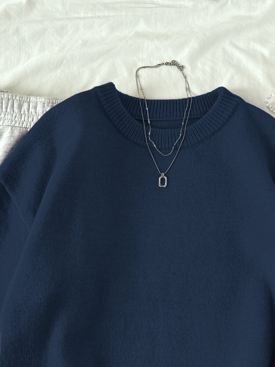 Women's Oversized Crew Neck Pullover Sweater, Relaxed Knit Sweater for Fall Winter - Black