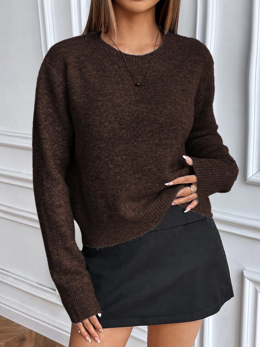 Women's Crew Neck Ribbed Knit Sweater, Fitted Pullover for Fall Winter - Dark Grey