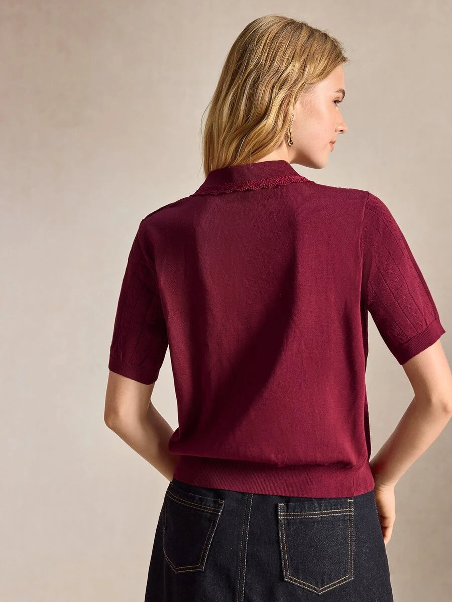 Nadia Navy Blue Polo Collar Diamond Crochet Short Sleeve Sweater - Red Violet