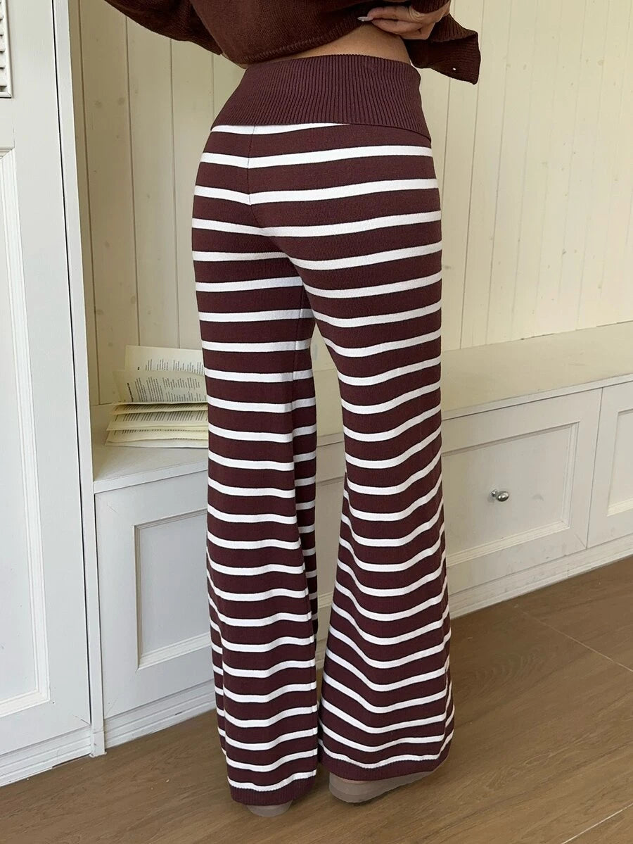 Rosalba Ribbed Knit Fold-Over Waist Flare Pants - Baby Pink