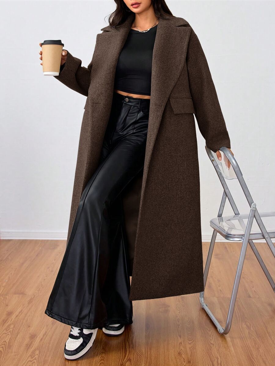 Jolie Oversized Double Breasted Long Coat with Lapel Collar - Chocolate Brown