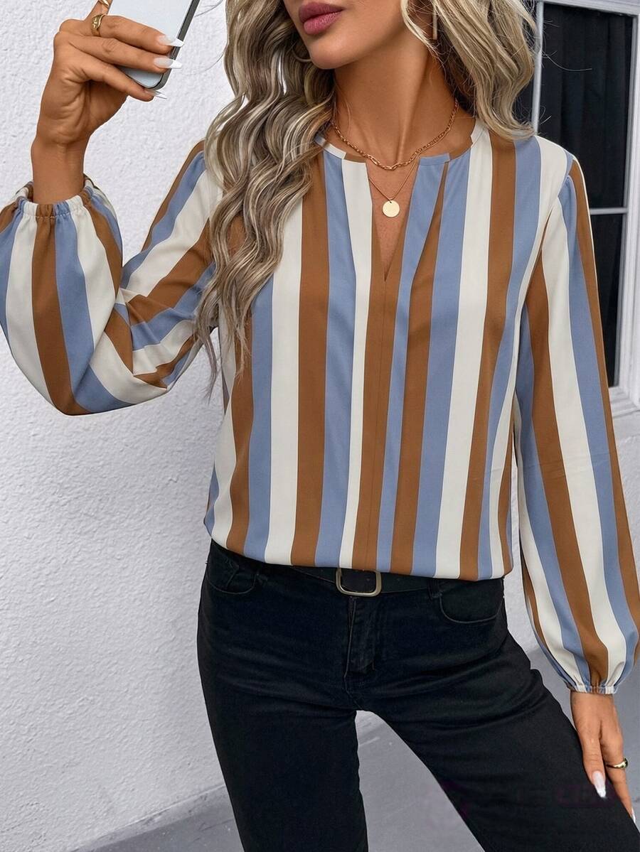 Nell Long Sleeve Blouse with Split V Neck and Lantern Sleeves - Blue Brown Stripe