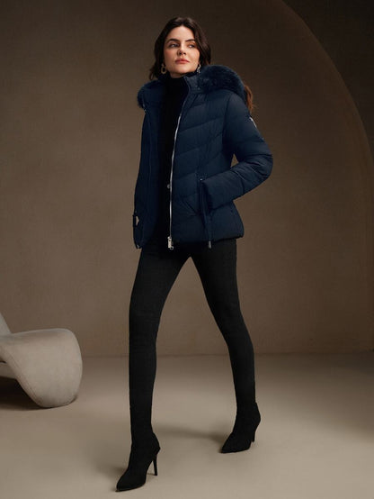 Blythe Faux Fur Trim Hooded Puffer Coat with Zip Front - Navy