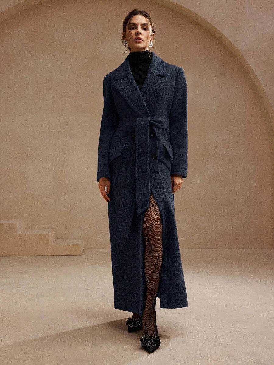 Valeska Belted Double-Breasted Lapel Long Coat with Pockets - Apricot