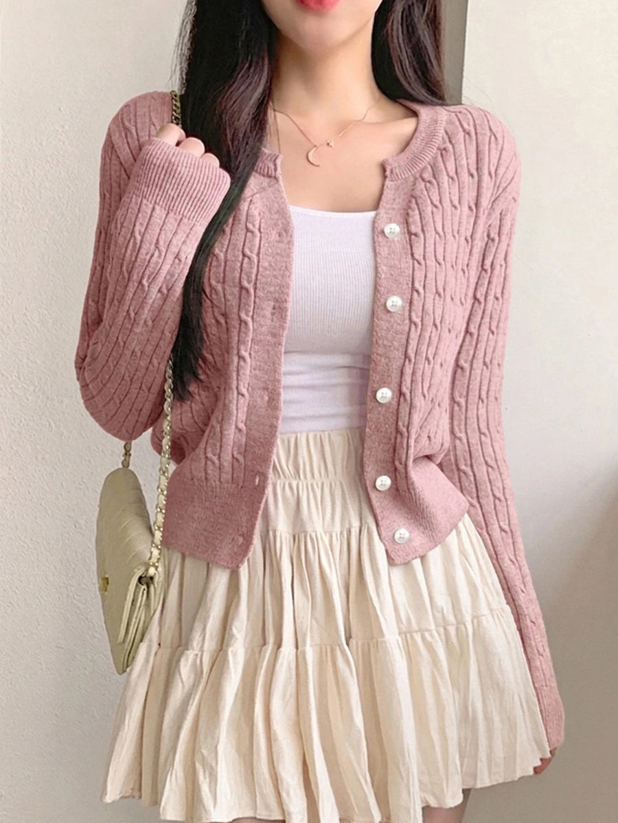 Women's Fitted V-Neck Button Front Cardigan, Twist Knit Sweater for Work and Fall - Purple