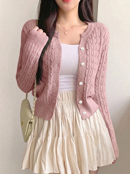 Women's Fitted V-Neck Button Front Cardigan, Twist Knit Sweater for Work and Fall - Purple