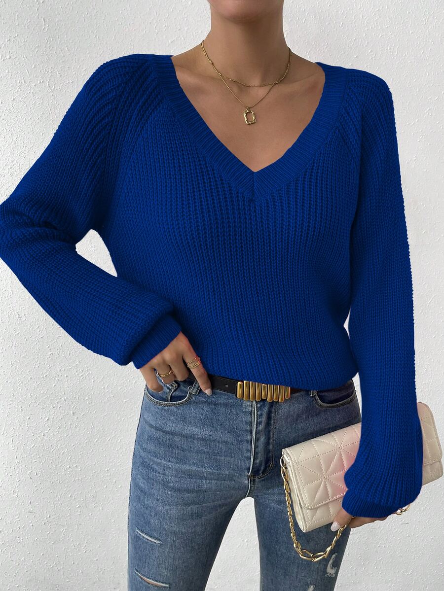 Aarhus V Neck Raglan Sleeve Ribbed Knit Sweater