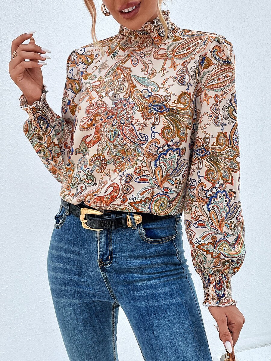 Trieste Paisley Print Frill Trim Mock Neck Blouse