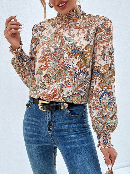 Trieste Paisley Print Frill Trim Mock Neck Blouse