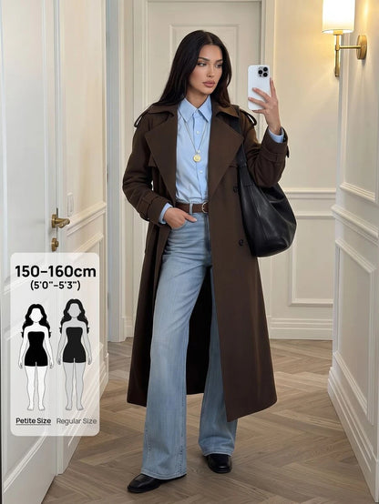 Madeleine Relaxed Double-Breasted Belted Long Trench Coat - Dark Brown