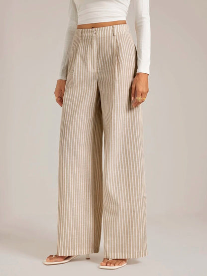 Isla High Waisted Wide Leg Pants with Pleated Front - Oatmeal Stripe