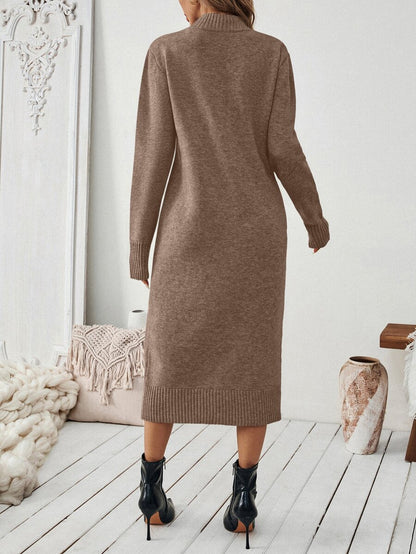 Severine Stand Collar Midi Sweater Dress with Side Split - Khaki