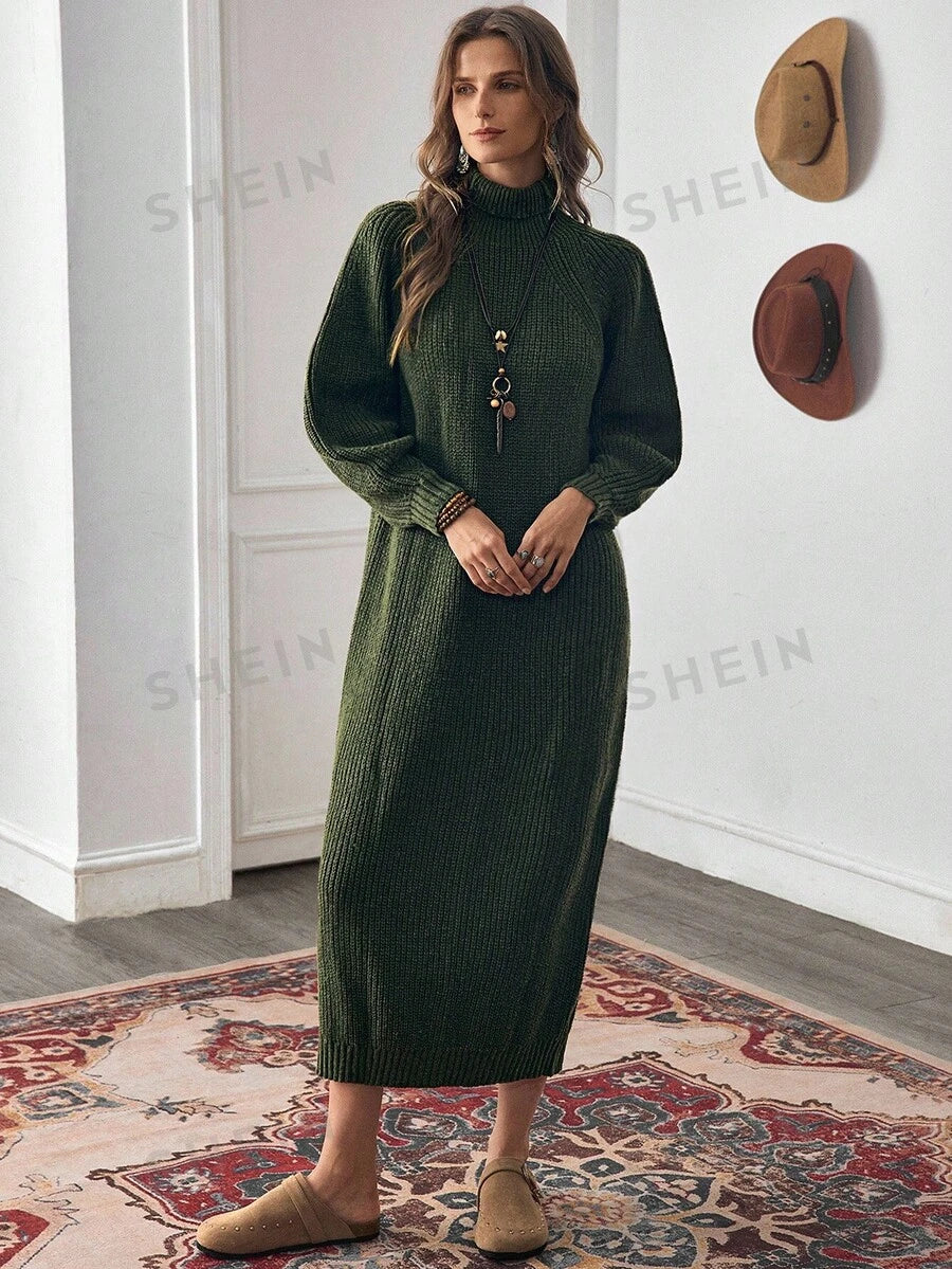 Anya High Neck Raglan Sleeve Sweater Dress - Brown