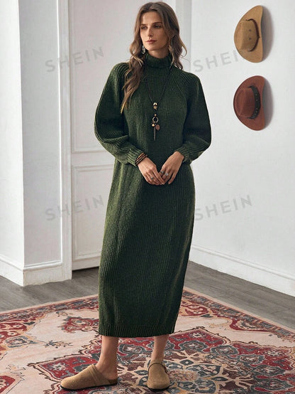 Anya High Neck Raglan Sleeve Sweater Dress - Brown