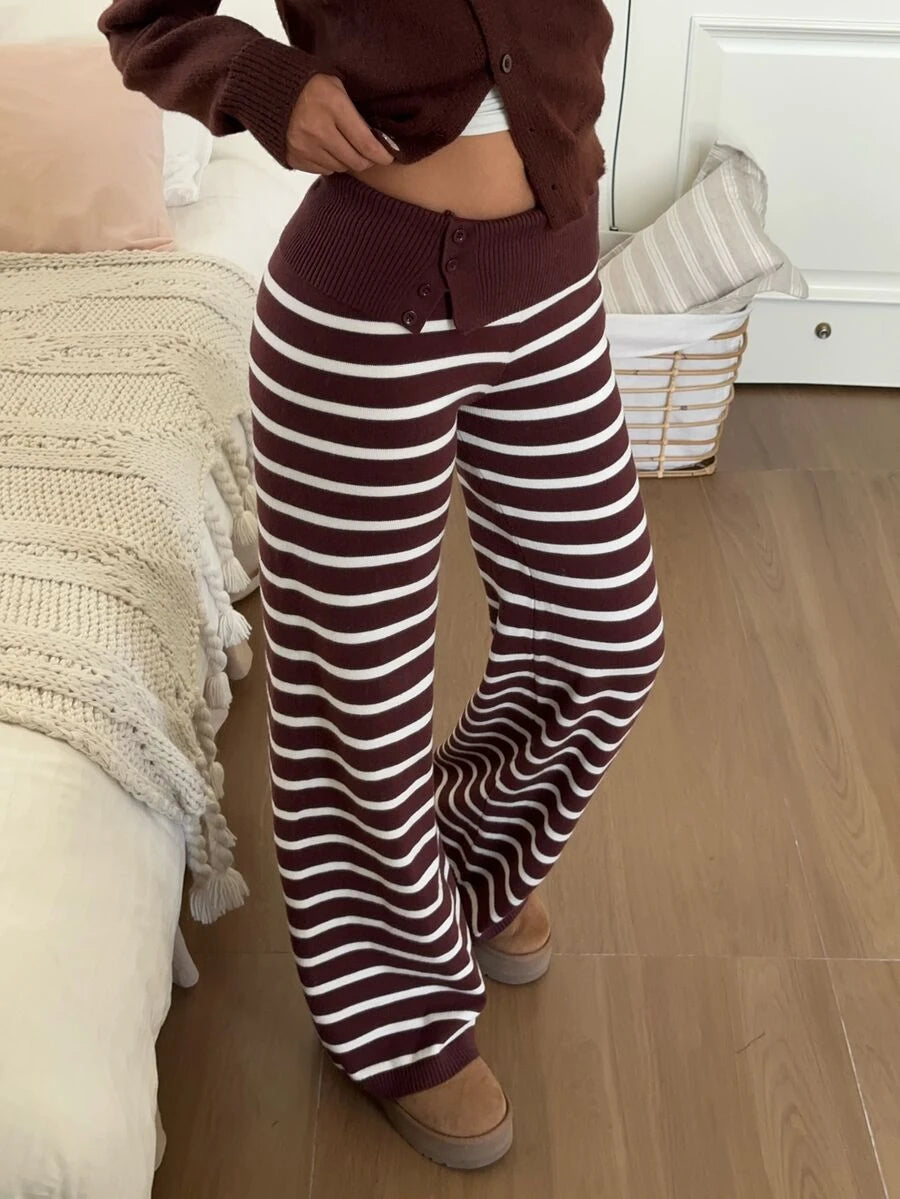 Rosalba Ribbed Knit Fold-Over Waist Flare Pants - Dark Grey