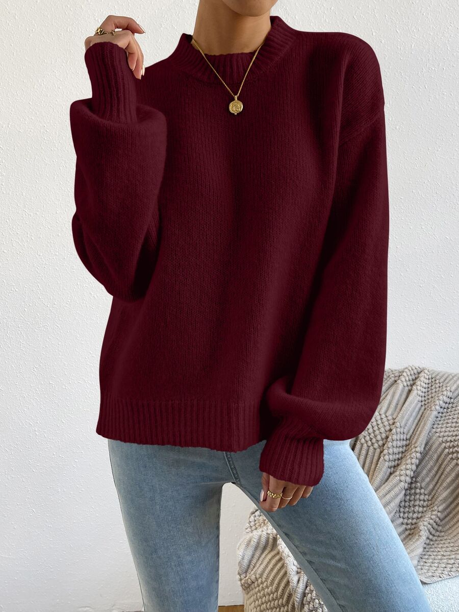 Viola Relaxed Mock Neck Sweater with Drop Shoulders - Burgundy