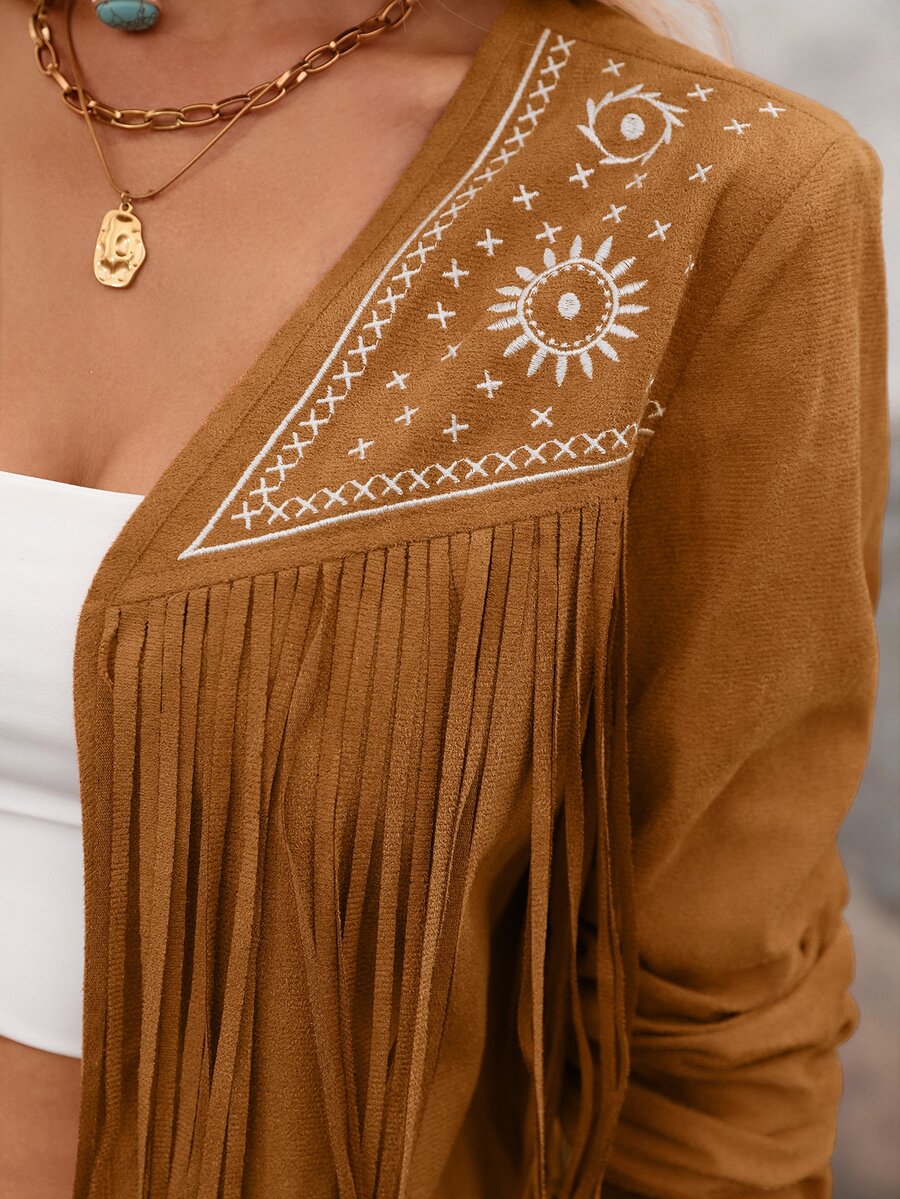 Evangeline Fringe Trim Open Front Crop Jacket - Green