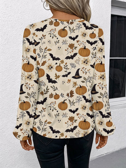 Nell Long Sleeve Blouse with Split V Neck and Lantern Sleeves - Cream Harvest Print