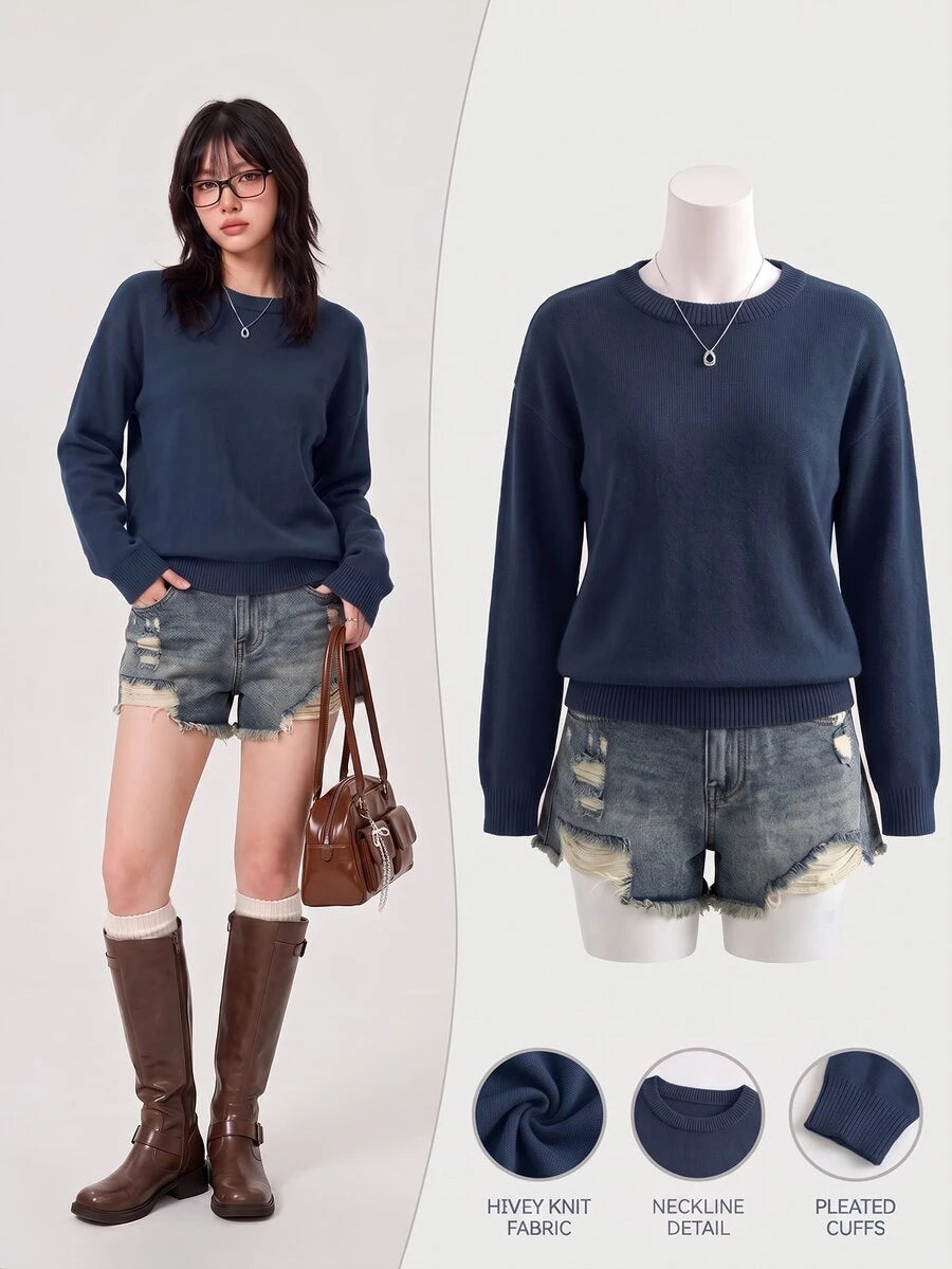 Women's Oversized Crew Neck Pullover Sweater, Relaxed Knit Sweater for Fall Winter - Burgundy