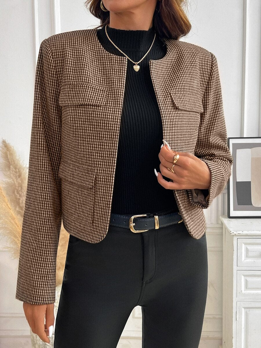 Cordelia Plaid Tweed Open Front Collarless Cropped Jacket - Coffee Houndstooth