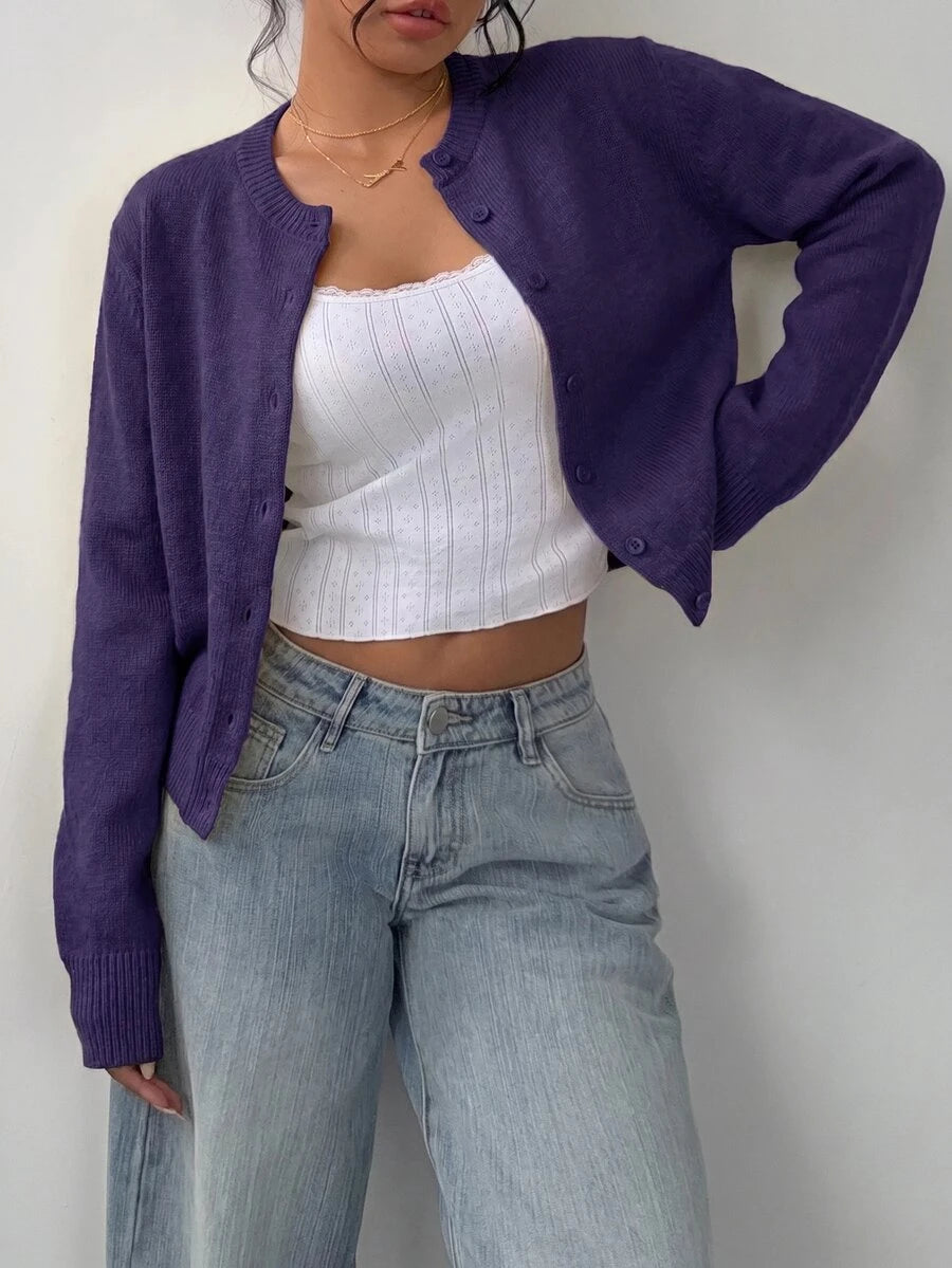Elowen Round Neck Cropped Cardigan - Burgundy