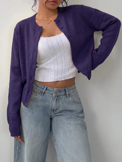 Elowen Round Neck Cropped Cardigan - Burgundy