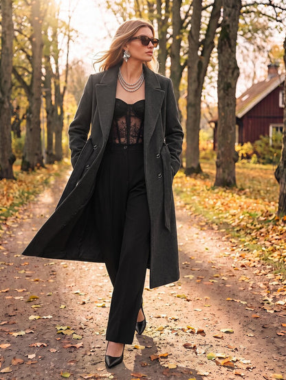 Heidelberg Belted Double Breasted Long Wrap Coat with Pockets