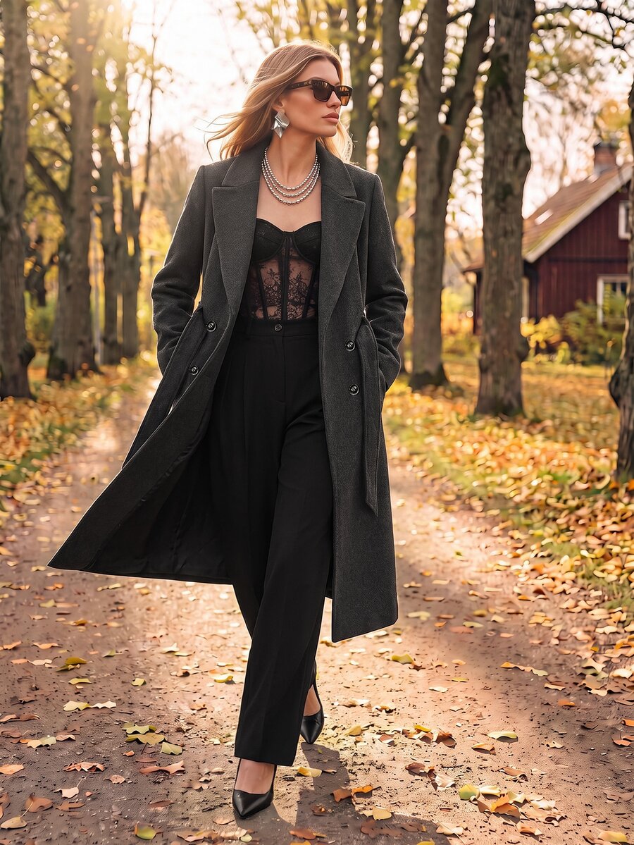 Valeska Belted Double-Breasted Lapel Long Coat with Pockets - Chocolate Brown