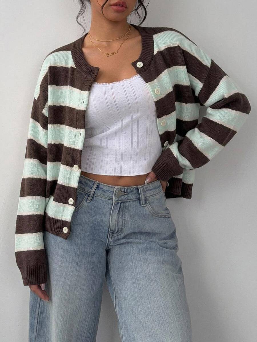 Elowen Round Neck Cropped Cardigan - Brown