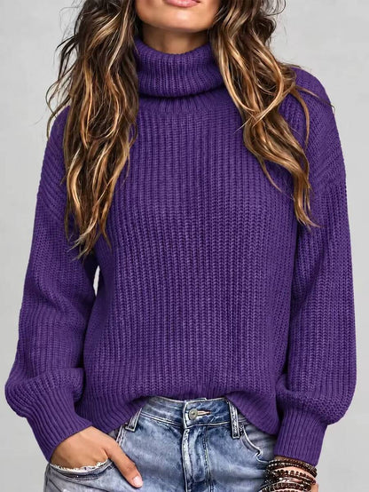 Wilhelmina Rib Knit Turtleneck Drop Shoulder Pullover Sweater - Royal Blue