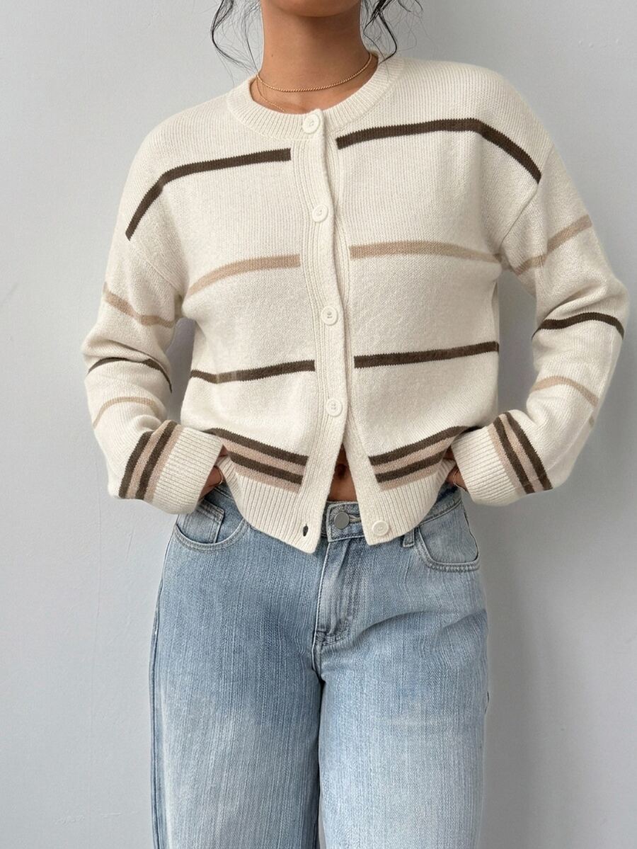 Elowen Round Neck Cropped Cardigan - Brown