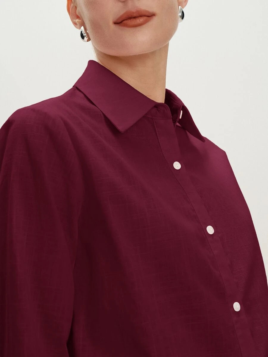 Arabella Classic Collared Button Down Long Sleeve Cotton Shirt - Burgundy