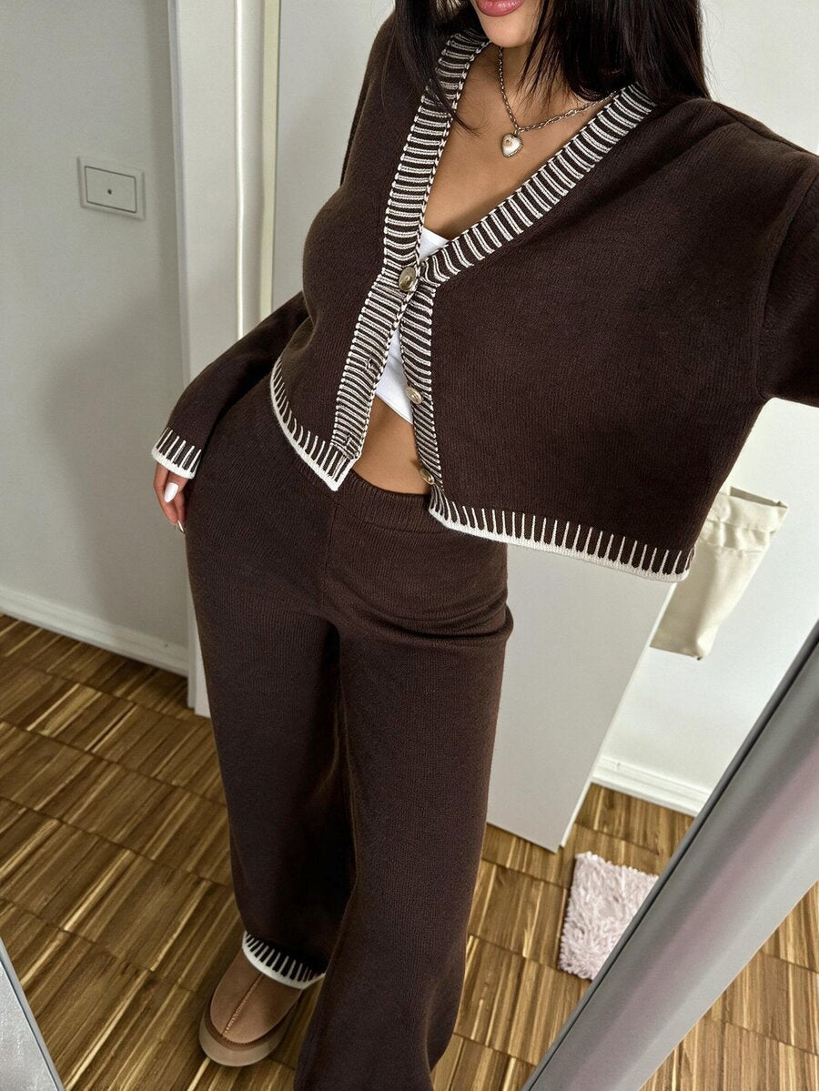 Domenica Contrast Trim Cropped Cardigan and Knit Pants Set - Grey