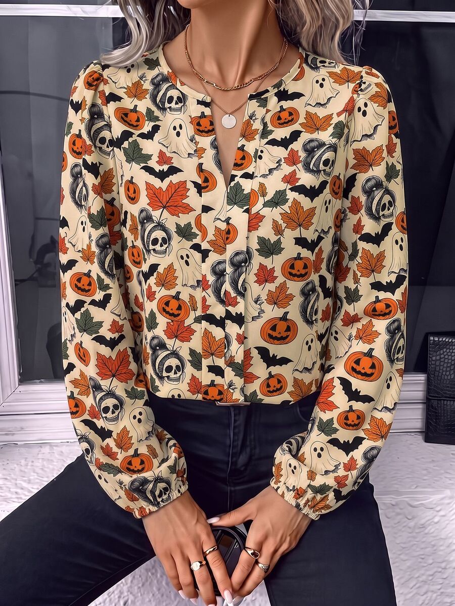Nell Long Sleeve Blouse with Split V Neck and Lantern Sleeves - Orange Harvest Print