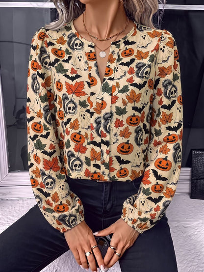Nell Long Sleeve Blouse with Split V Neck and Lantern Sleeves - Orange Harvest Print