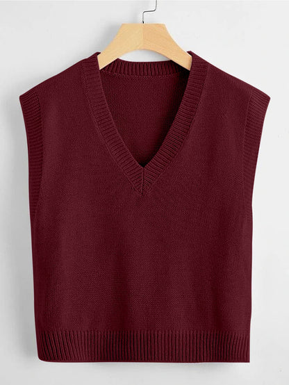 Marisa Fine Knit V-Neck Sleeveless Sweater Vest - Burgundy