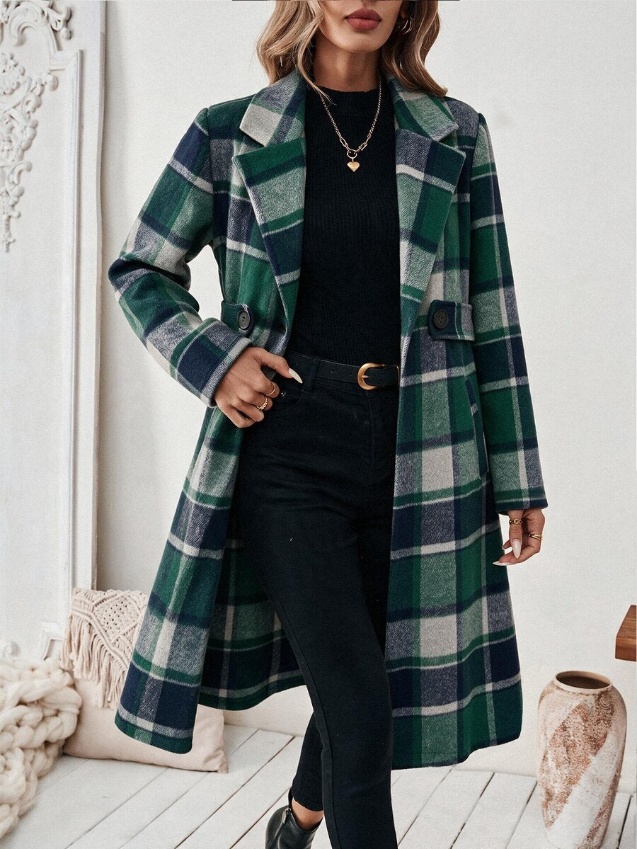 Josephine Belted Notched Collar Double-Breasted Long Coat - Green Plaid