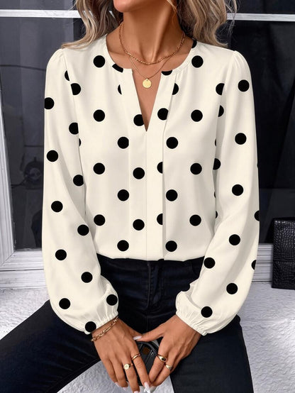 Nell Long Sleeve Blouse with Split V Neck and Lantern Sleeves - White Polka Dot