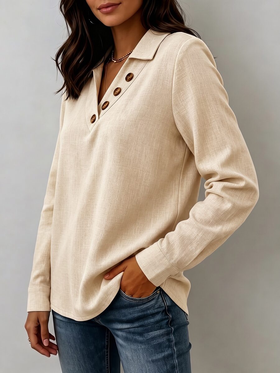 Clementine Collared V-Neck Button Detail Textured Long Sleeve Top - Apricot