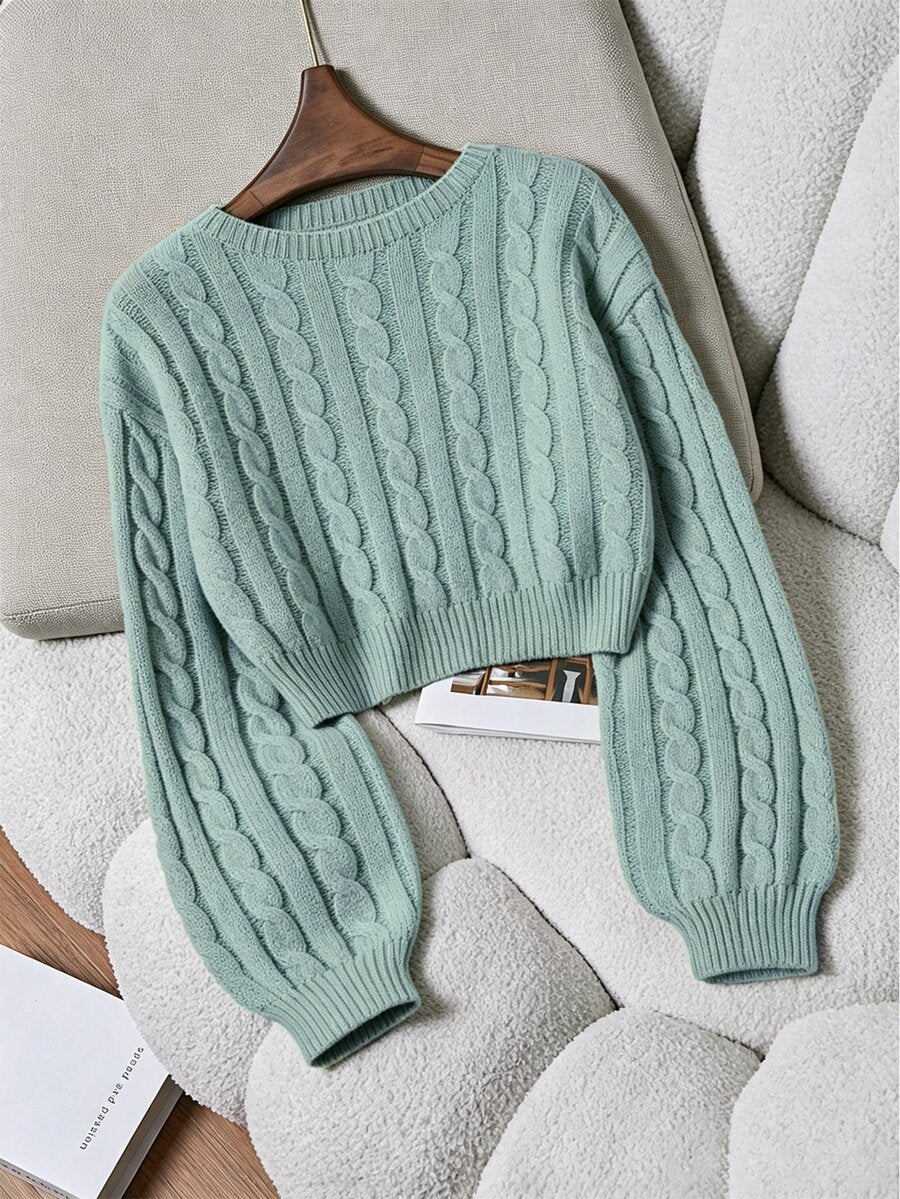 Oriana Cropped Cable Knit Sweater with Crew Neck - Sage Green